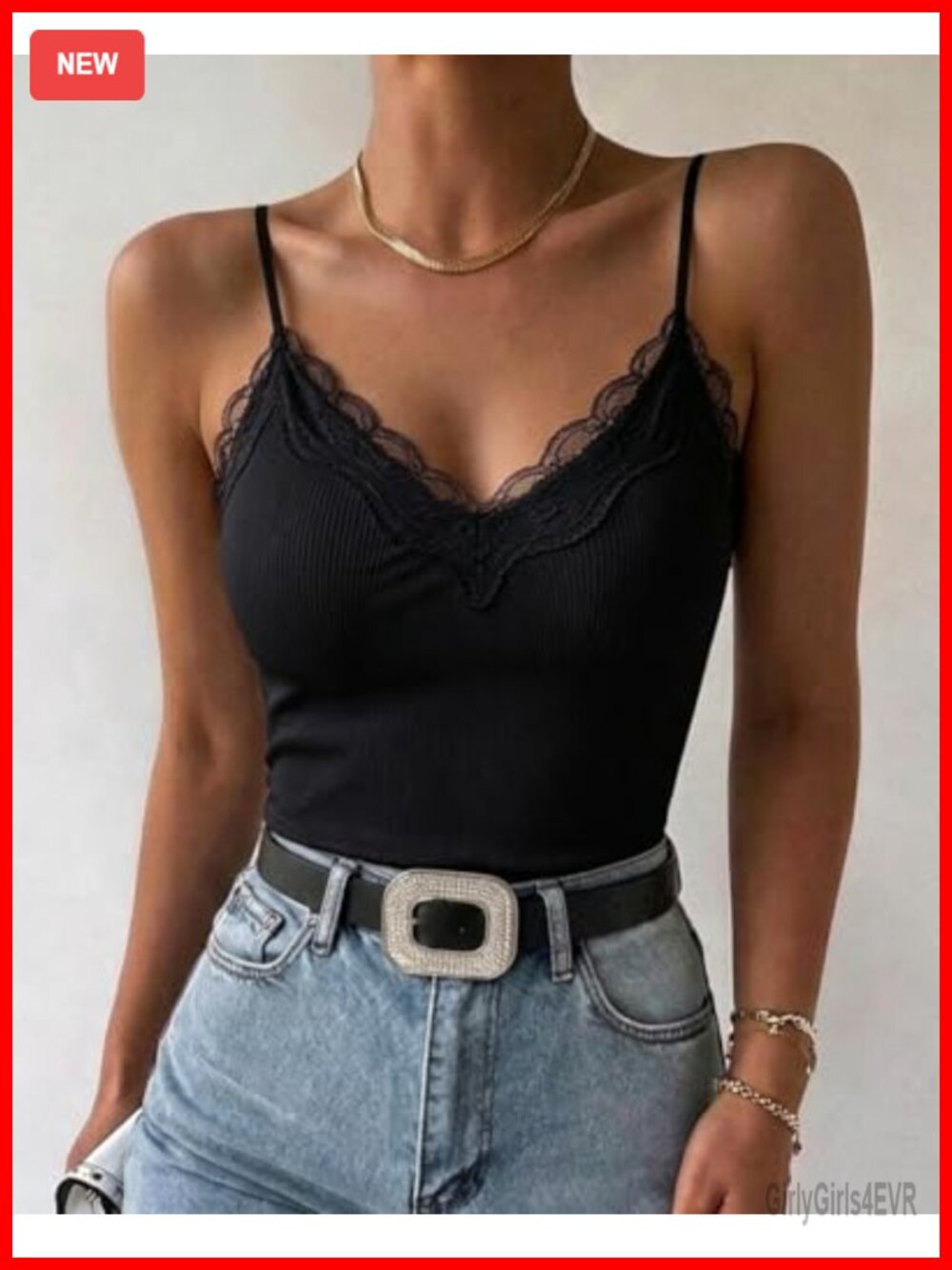 Built-in Bra Cami Tank Top Lace Trim Spaghetti Straps Slim Fit Ribbed Tops - Picture 4 of 7